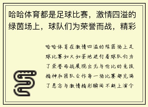 哈哈体育都是足球比赛，激情四溢的绿茵场上，球队们为荣誉而战，精彩瞬间不断上演