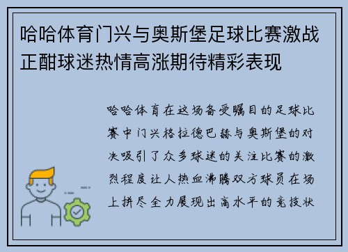 哈哈体育门兴与奥斯堡足球比赛激战正酣球迷热情高涨期待精彩表现