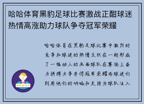 哈哈体育黑豹足球比赛激战正酣球迷热情高涨助力球队争夺冠军荣耀