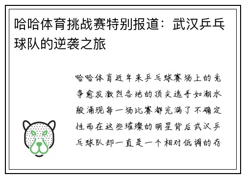 哈哈体育挑战赛特别报道：武汉乒乓球队的逆袭之旅