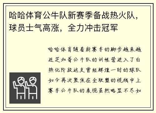 哈哈体育公牛队新赛季备战热火队，球员士气高涨，全力冲击冠军