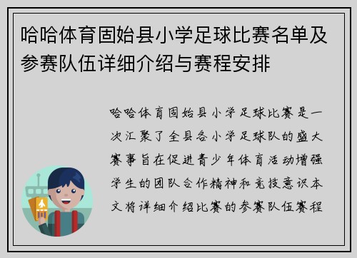 哈哈体育固始县小学足球比赛名单及参赛队伍详细介绍与赛程安排